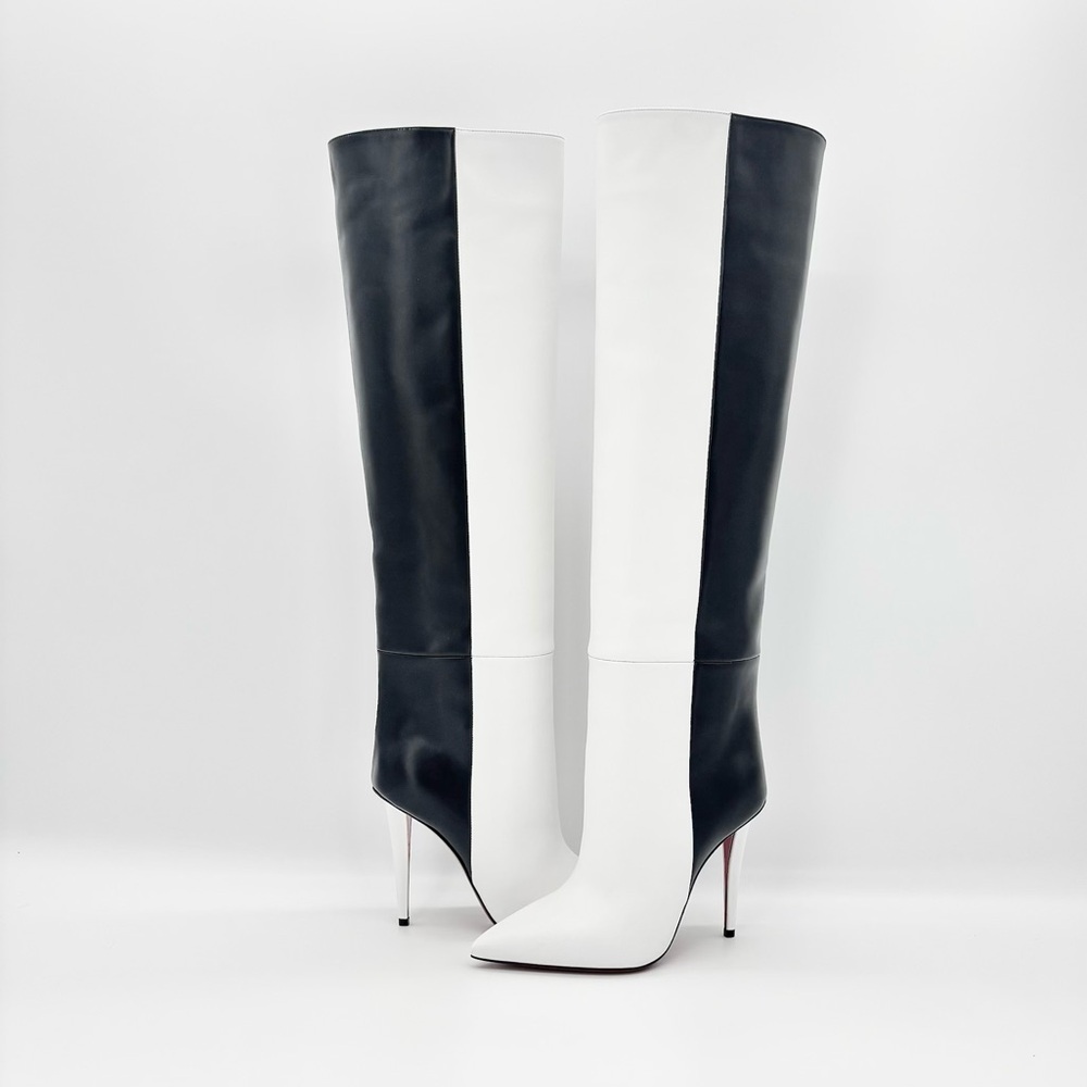 NIB Christian Louboutin Astrilarge Botta 100 Black White Pointed Toe Boots 37.5 - Picture 3 of 10